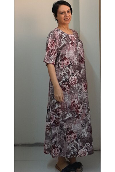 Mertcan Butik Önü arkası robadan kesik büzgülü mürdüm bordo desenli penye viskon elbise