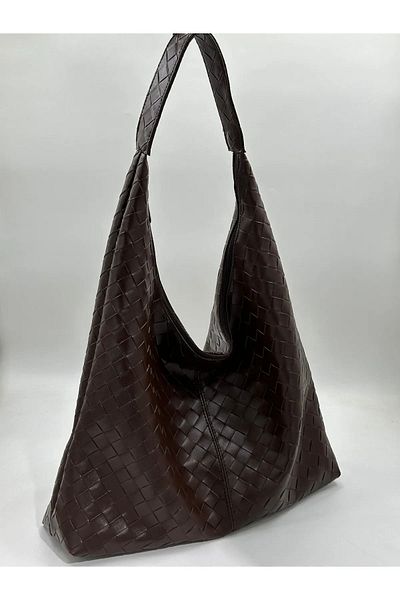 Mercan Stores Women's Brown Knit Patterned Large Faux Leather Women's Large Size Shoulder Bag