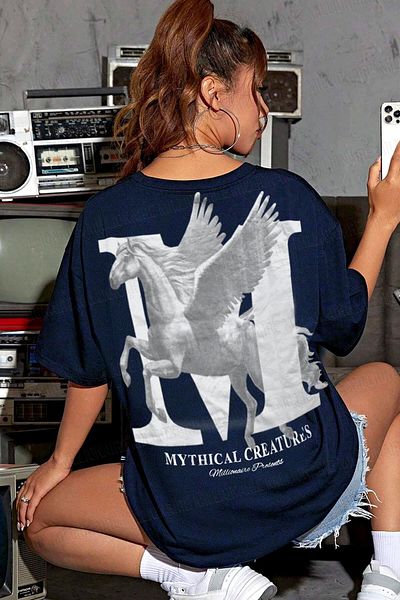Teenage Millionaire Γυναικείο μπλουζάκι Mythical Pegasus με στάμπα Navy Blue Crew Neck Oversize Casual T-shirt
