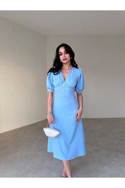 Afiş Butik Rochie midi pentru Bebeluş cu Nasturi Perle Albastre - Jumătate Mânecă