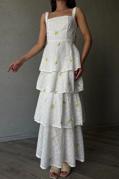 Seda Yalçın Atelier Green Yellow Floral Pattern - Tied Detailed Layered Dress