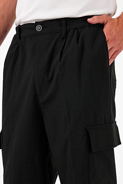 DAMGA JEANS Erkek Oversize Bol Paça Kargo Cepli Siyah Baggy Pantolon