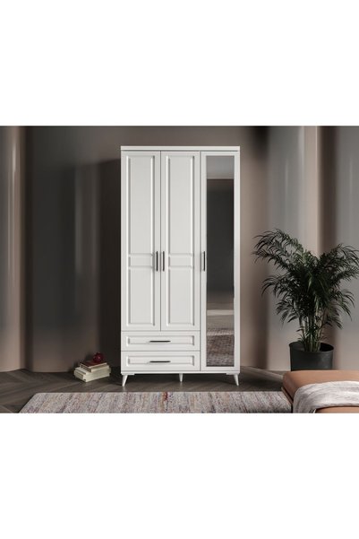 GuneyStore Ücretsiz Montaj Komple MDF Gözde 3 Kapaklı Aynalı Çekmeceli Beyaz Gardırop