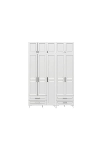 GuneyStore Ücretsiz Montaj Gözde 5 Kapaklı Yüklüklü Komple Mdf Beyaz Gardırop