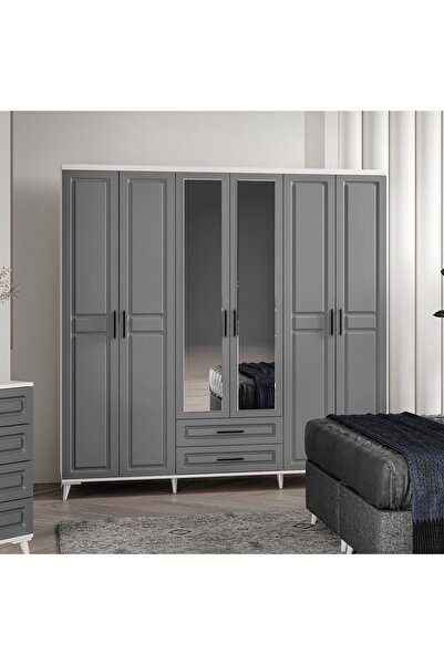 GuneyStore Ücretsiz Montaj Gözde 6 Kapaklı Aynalı Komple MDF Antrasit - Beyaz Gardırop