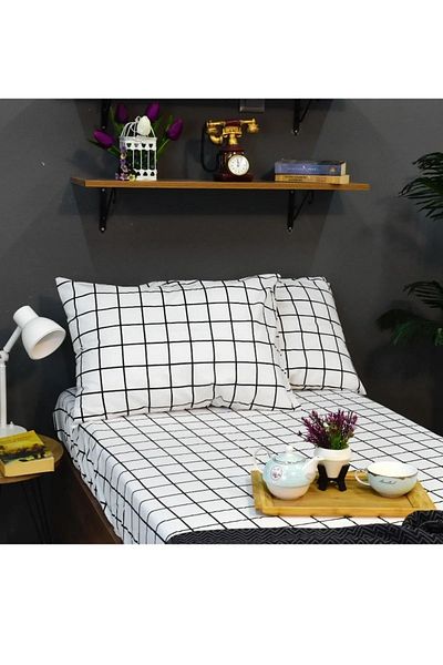 SNR HOME COLLECTION White Checkered Cotton Teen Room Single 100x200cm Elastic Sheet Set