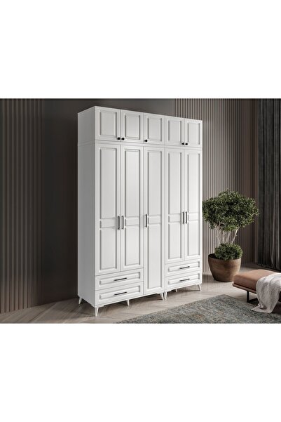 GuneyStore Ücretsiz Montaj Gözde 5 Kapaklı Yüklüklü Komple Mdf Beyaz Gardırop