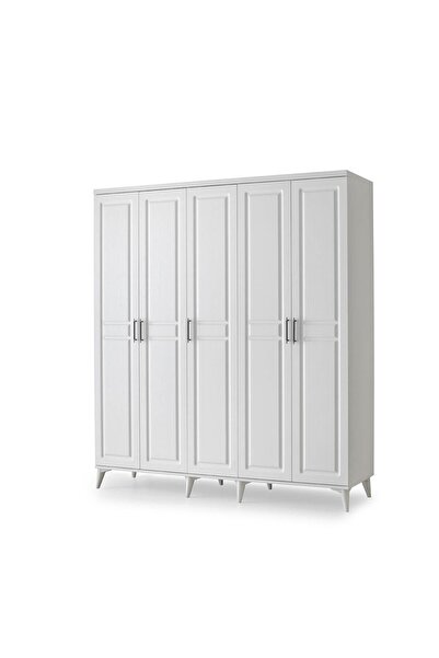 GuneyStore Ücretsiz Montaj Komple Mdf Sport 5 Kapaklı Beyaz Gardırop Elbise Dolabı Gardolap