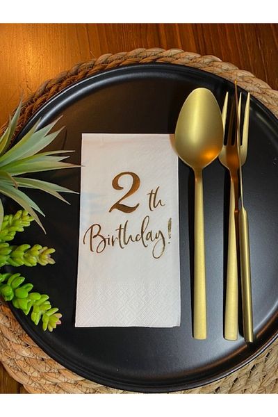 kidspartim 16 Pieces White Gold Gilded Two Year Old Birthday Waiter Fold Napkin Set