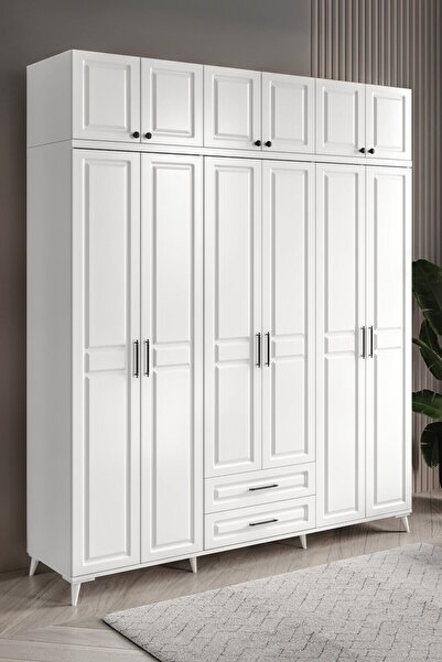GuneyStore Ücretsiz Montaj Gözde 6 Kapaklı Yüklüklü Komple Mdf Beyaz Gardırop