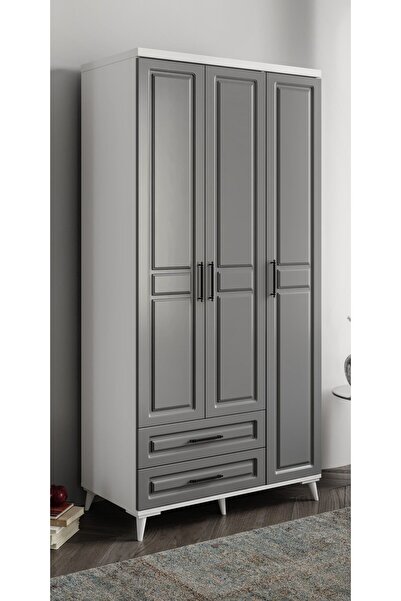 GuneyStore Ücretsiz Montaj Komple Mdf Gözde 3 Kapaklı Çekmeceli Antrasit-beyaz Gardırop