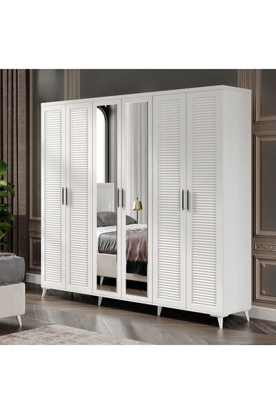 GuneyStore Ücretsiz Montaj Komple MDF Paris 6 Kapaklı Beyaz Aynalı Gardırop Elbise Dolabı Gardolap