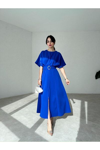Afiş Butik Pleated Midi Dress - Belt Detail and Slit