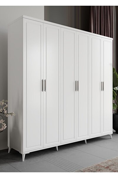 GuneyStore Ücretsiz Montaj MİLAS 6 Kapaklı Komple Mdf Beyaz Gardırop Elbise Dolabı