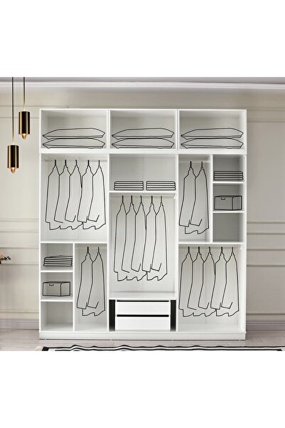 GuneyStore Ücretsiz Montaj Sport Komple Mdf 6 Kapaklı Yüklüklü Beyaz Gardırop