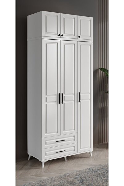 GuneyStore Ücretsiz Montaj Gözde 3 Kapaklı Yüklüklü Komple Mdf Beyaz Gardırop