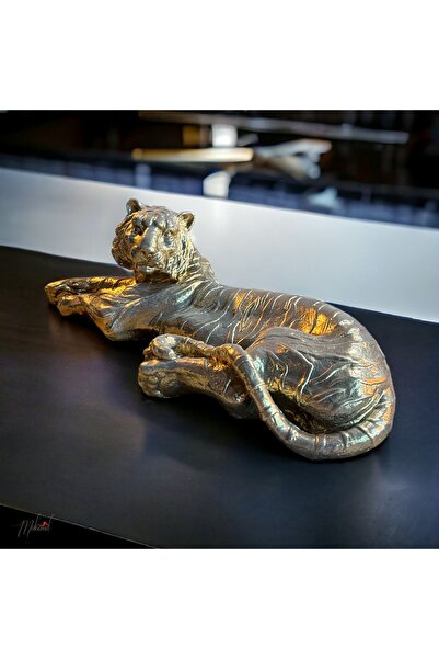 MÜKEMEL Altın renkli, el yapımı uzanmış kaplan heykeli – eşsiz bir sanat eseri- Mükemel Özgün Tasarım