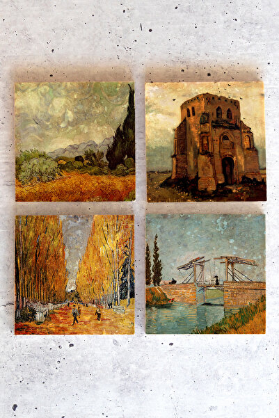 HEDİYEDİYE مجموعة فنسنت فان جوخ مكونة من 4 قطع - كوب وقاعدة بلون الحجر، فانجوخ 01