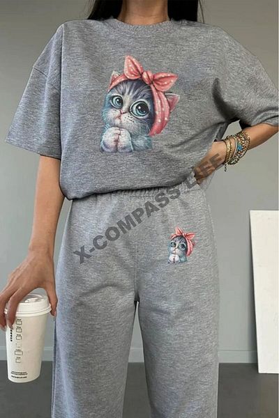 x-compass life Tricou CUTE pentru damă și tricou Jogger cu imprimeu de pisici - Set de trening cu decolteu