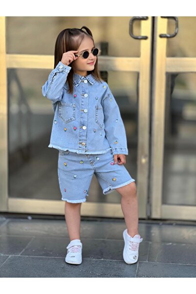 yns coolstar Yeni Sezon likrakı pamuklu yazlık çiçek nakışlı Kot şort Ve ceket 2li Takım