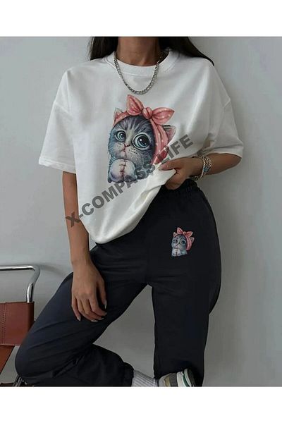 x-compass life Tricou cu imprimeu CUTE CAT pentru damă - Tricou Jogger Set de trening cu decolteu și jos