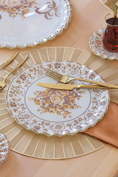 Glore Veneto Coffee Gold Gilt Glass Serving Plate Set for 6 People