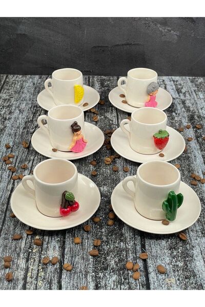 YzHome 6 Kişilik Seramik Figürlü Kahve Fincan Takımı Seti