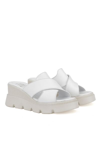 Ziya White Genuine Leather Women's Wedge Heel Slippers -1411020Z2004