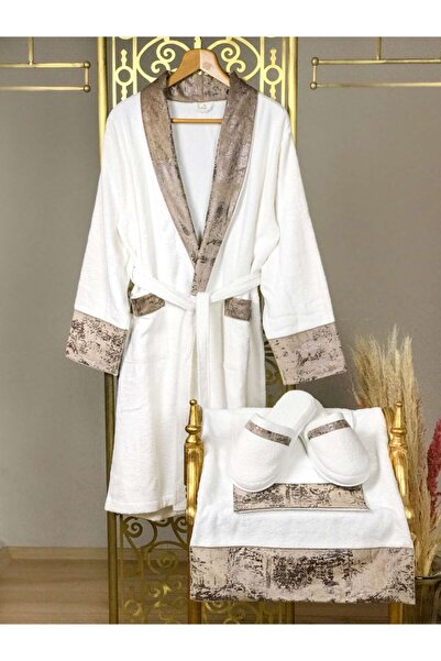 Creativehome Camel Vizon Kadife Ekru Bornoz Takimi, Organik Bambu Ve Pamuk, E...