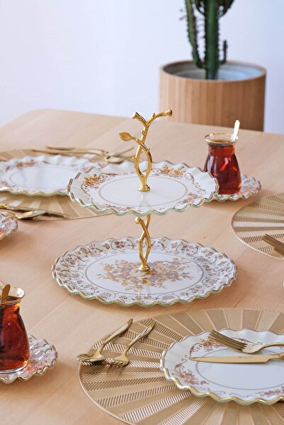 Glore Veneto Kahve Altın Yaldızlı 6 Kişilik 25 Parça Pasta Çay İkram Takımı