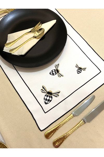 Soft Colours 2 Pieces Mackenzie Childs Bee Patterned Silk Linen Decorative Embroidered Doily Set