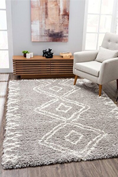 Eryün Halı -post Shaggy Gri Beyaz Modern Makine Dokuması Halı Çocuk Odası Oturma Odası Salon Mutfak Halısı