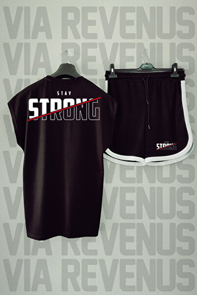 Vordevia Set de tricou sport și pantaloni scurți Stay Strong Black - mâneci z...