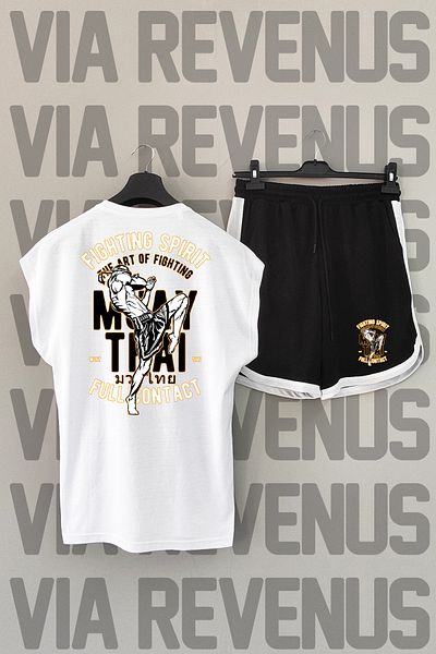 Vordevia Muay Thai Print White and Black Sports T-shirt and Shorts Set - Crew Neck, Zero Sleeve