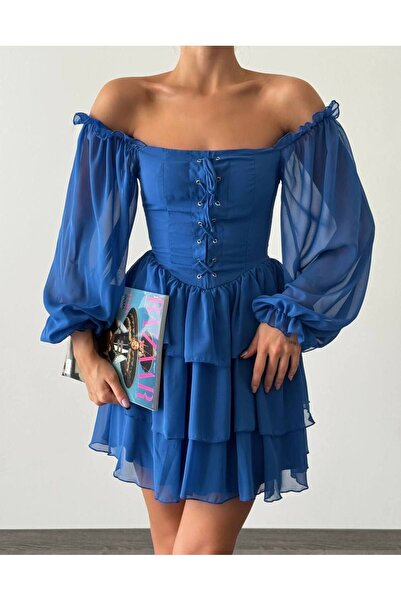 sewing story Saks Mavi Şifon Mini Elbise