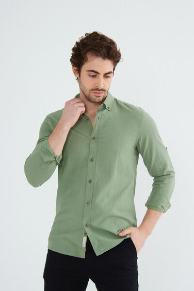 RAVANELLI Ανδρικό πουκάμισο με λινό γιακά με λεπτή εφαρμογή χακί, 100% βαμβακερό πουκάμισο