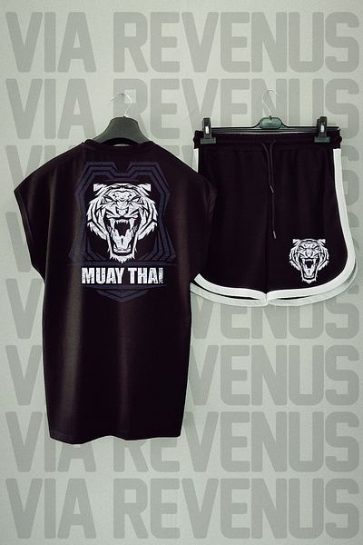 Vordevia Muay Thai Tiger Pattern - Crew Neck Black Sports T-shirt and Shorts Set