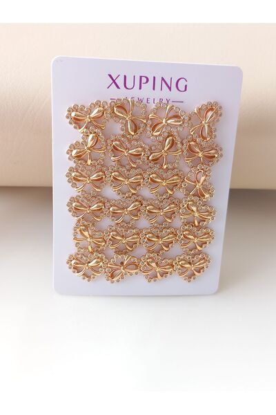 Tişt Accessory Xupıng Gold Minimal Kalpli Fiyonk Zirkon Taşlı Fiyonk Çelik Küpe