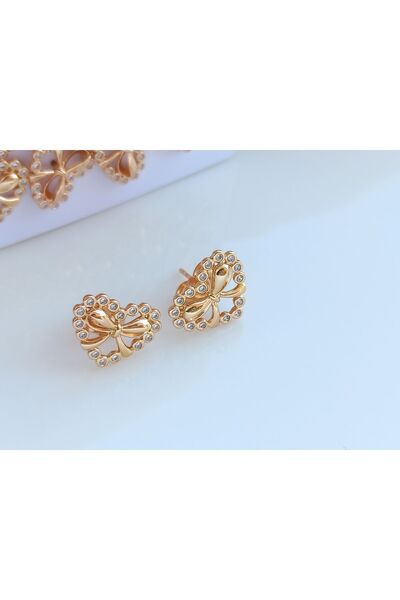 Tişt Accessory Xupıng Gold Minimal Kalpli Fiyonk Zirkon Taşlı Fiyonk Çelik Küpe