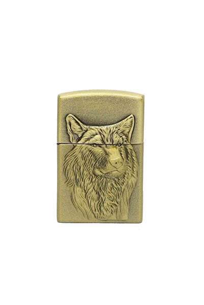 hiçdurmaal Kabartmalı Kurt Başı Görselli Eskitme Sarı Renkli Gazlı Metal Çakm...