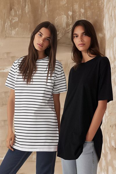 Trendyol Modest Crew Neck Slit Μαύρο και άσπρο Basic T-Shirt Σετ 2 τεμαχίων - TCTSS21UK0009