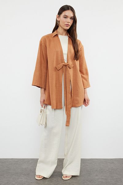 Trendyol Modest Linen Woven Look Camel Kimono - Front Tie TCTSS24KK00009