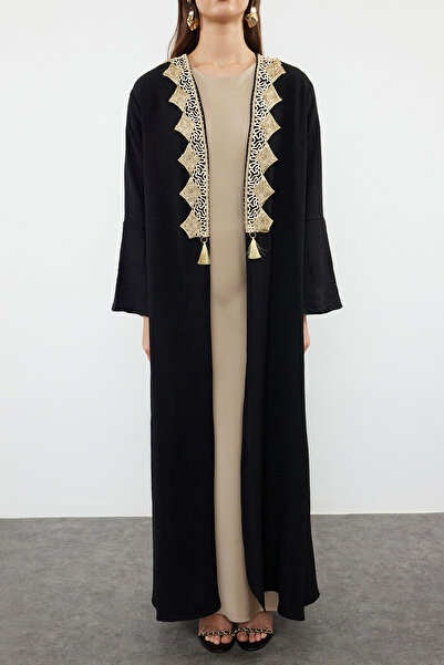 Trendyol Modest Black Gold Embroidery Detailed Woven Cap & Ferace & Abaya & Kimono Tctss24Kf00055