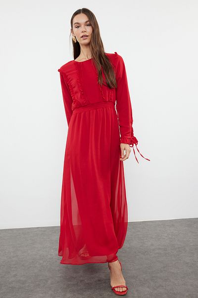 Trendyol Modest Gewebtes Chiffonkleid - Rot, Rüschenärmeldetail, TCTSS24EB00251