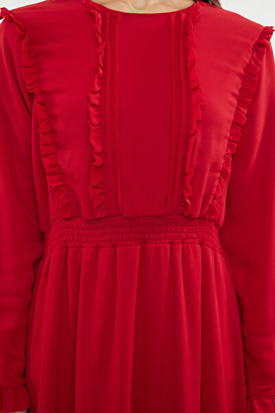 Trendyol Modest Szőtt sifon ruha - piros, fodros ujjú részlet, TCTSS24EB00251