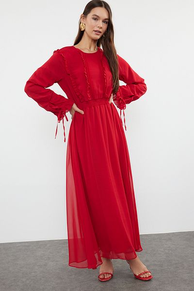 Trendyol Modest Gewebtes Chiffonkleid - Rot, Rüschenärmeldetail, TCTSS24EB00251