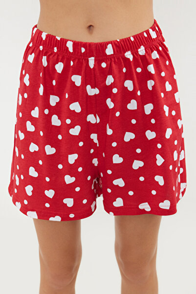 Trendyol Collection Szívmintás piros pamut rövidnadrág hálóruha szett - THMSS24PT00394