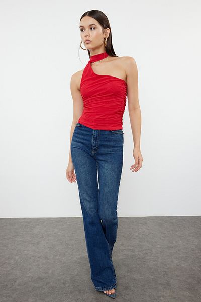 Trendyol Collection Stretchy Red Knitted Blouse - Halter Neck, Drawstring and Lined TWOSS24BZ00202