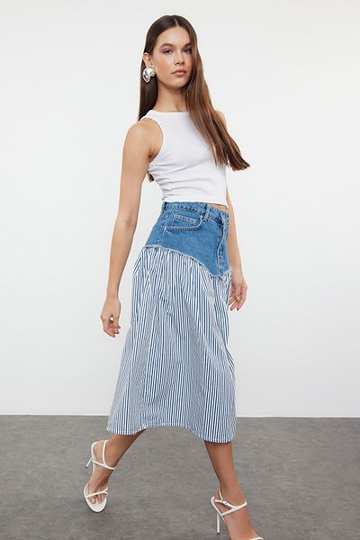 Trendyol Collection Magas derekú Midi farmer szoknya - többszínű és chevron, blokk minta TWOSS24ET00142