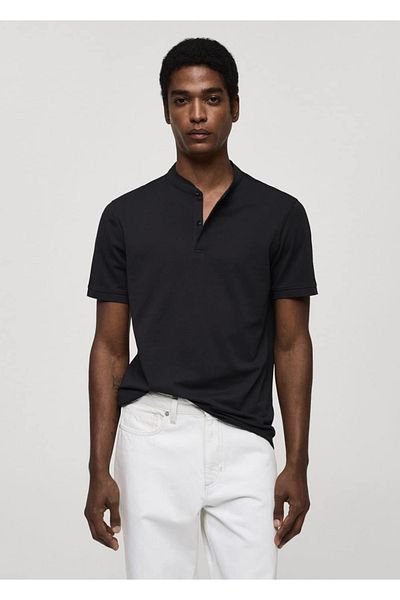 MANGO Man Bavlněná pique polokošile Mao Collar